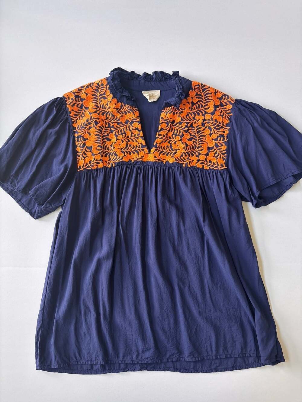 Layered Cotton Navy Blue Tunic Top with Orange Embroidery